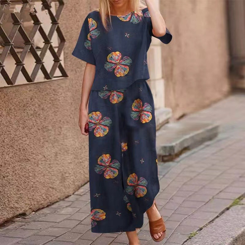 🔥Women’s Round Neck Floral Print Crop Top & Wide Leg Pants 2-Piece Matching Set