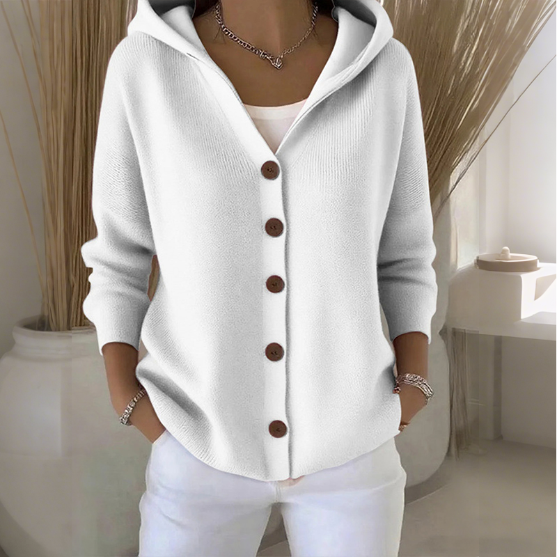 Cardigã feminino de malha com capuz e botões