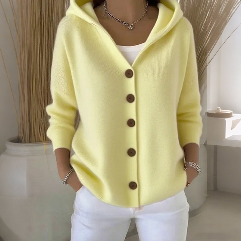 Cardigã feminino de malha com capuz e botões