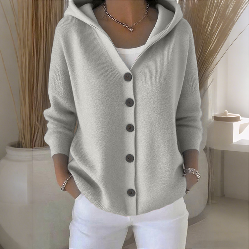 Cardigã feminino de malha com capuz e botões
