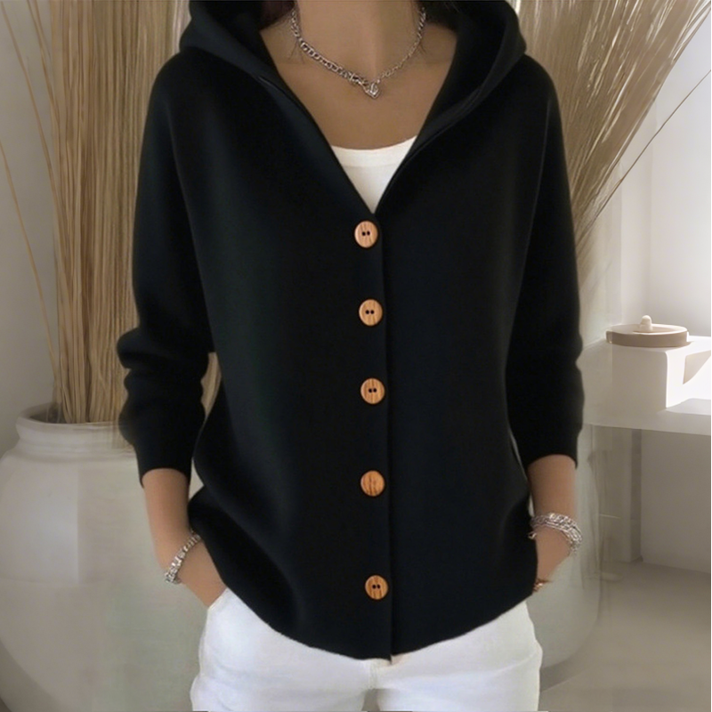Cardigã feminino de malha com capuz e botões