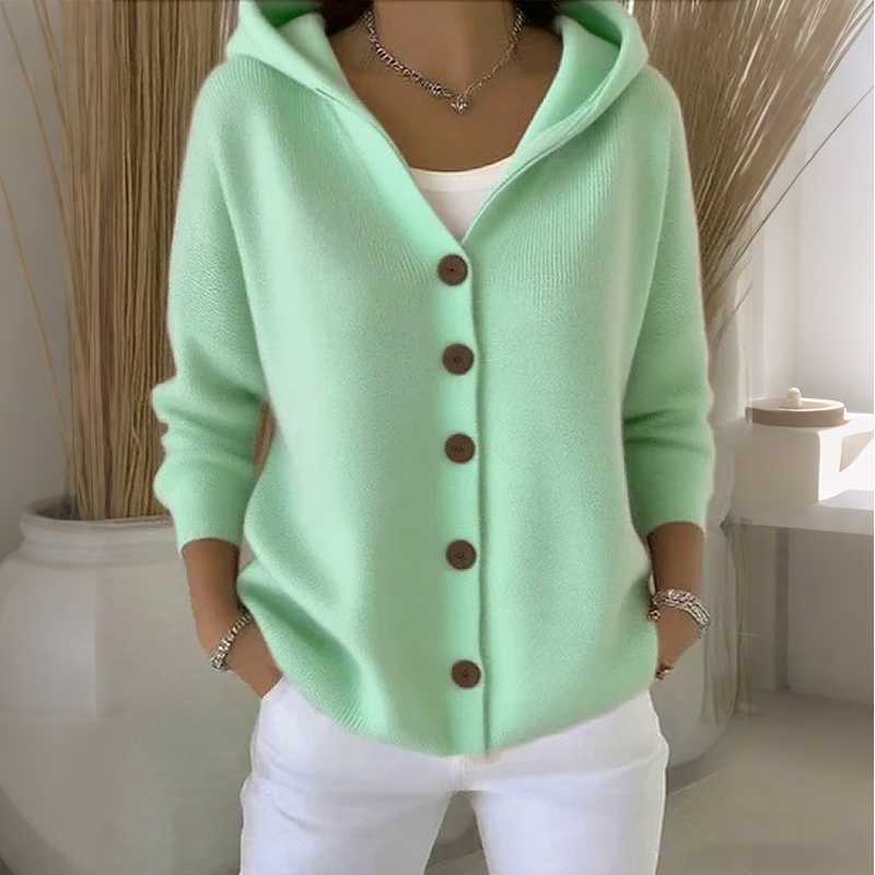 Cardigã feminino de malha com capuz e botões