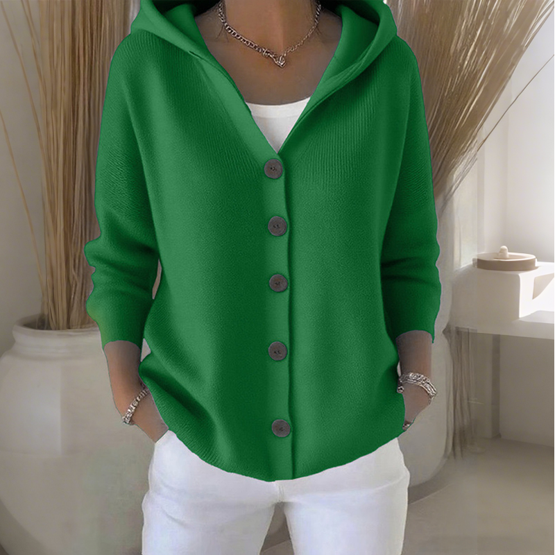 Cardigã feminino de malha com capuz e botões