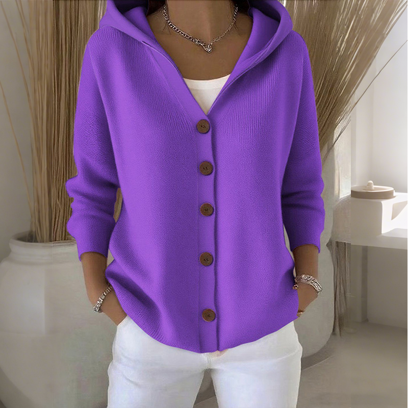 Cardigã feminino de malha com capuz e botões