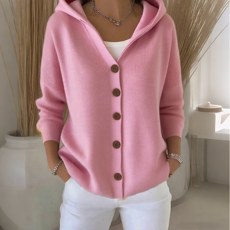 Cardigã feminino de malha com capuz e botões